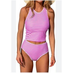 Beachissi Swimsuit Set, Pink & White Striped Two Piece Tankini Bathing Suit